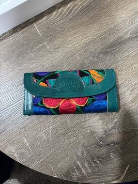 Mexican Hand-Embroidered Floral Leather Clutch Wallet from Oaxaca